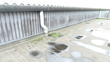 A perspective shot of the asbestos roof before renovation.