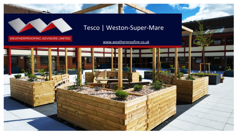 Spotlight On Service – Tesco WSM Wooden planters and seating area in a modern outdoor space at Tesco Weston-Super-Mare, designed and constructed by Weatherproofing Advisors Limited.