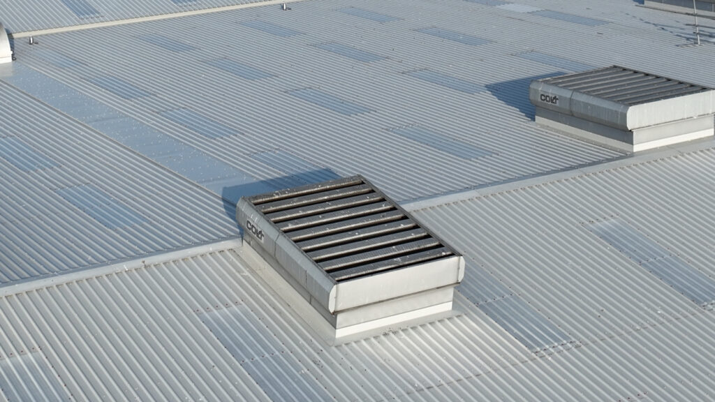 Close-up of industrial roof with ventilation units in Norwich.